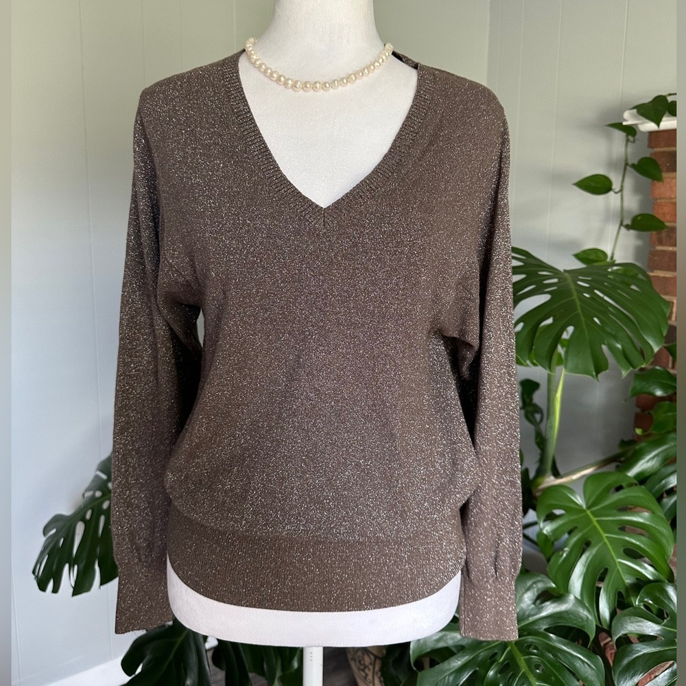 Leo & Sage V-Neck Silver-Sparkle Brown Sweater Size Xs Excellent Condition
